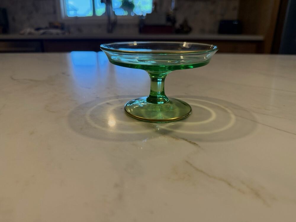 Vintage Green Uranium Depression Glass Pedestal Bowl/ Candy Dish- 3” Tall